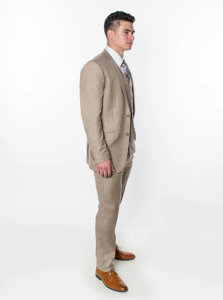 0064-TEXTURED BEIGE-SUIT-SLIM-3PC-SIZE 34S-46 & 34R-56R & 38L-56L
