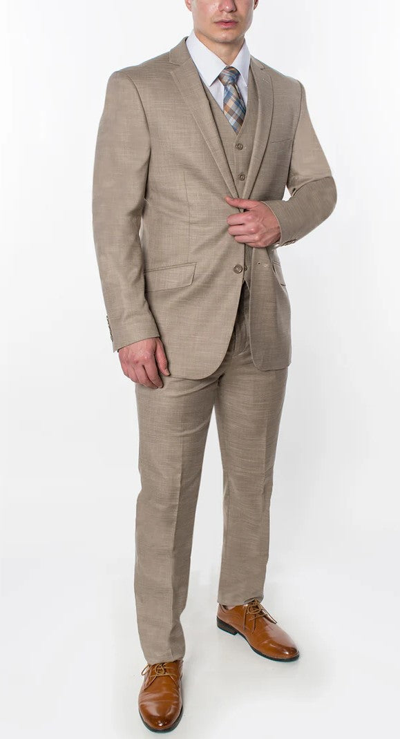 0064-TEXTURED BEIGE-SUIT-SLIM-3PC-SIZE 34S-46 & 34R-56R & 38L-56L