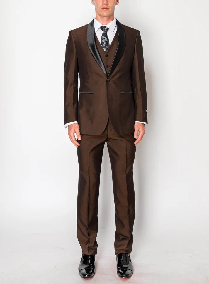 2645-SHINY BROWN-TUXEDO-SLIM FIT-3PC-SIZE 34S-46S & 34R-56R & 38L-56L