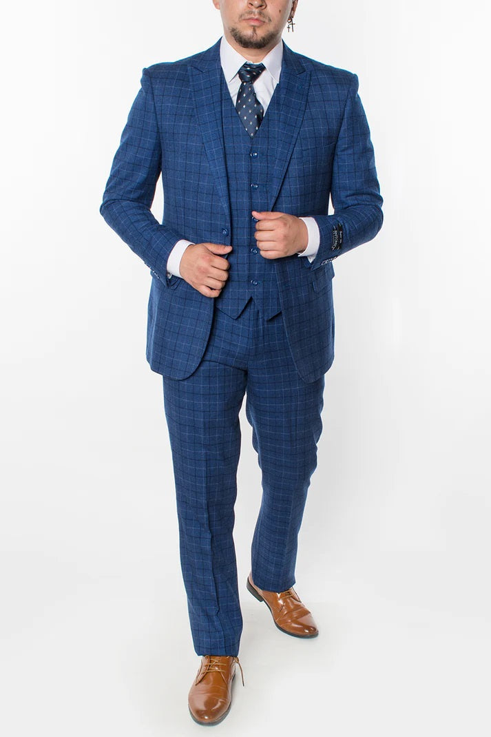 1502-FRENCH BLUE PLAID-SLIM FIT-3PC-SIZE 34S-46S & 34R-56R & 38L-56L