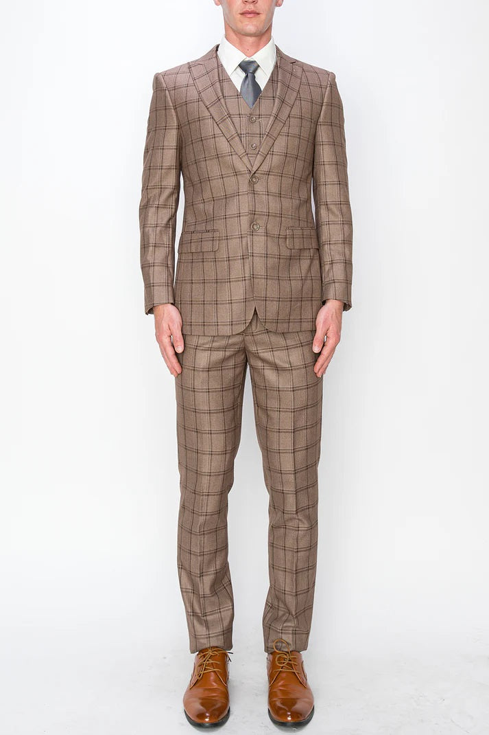 7271-BROWN PLAID-SLIM FIT-3PC-SIZE 34S-46S & 34R-56L & 38L-56L