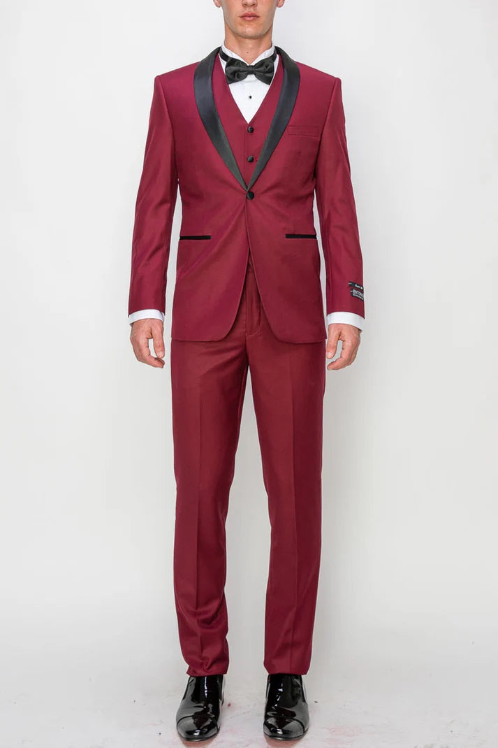 8745-BURGUNDY-TUXEDO-SLIM3PC-SIZE 34S-46S & 34R-56R & 38L-56L