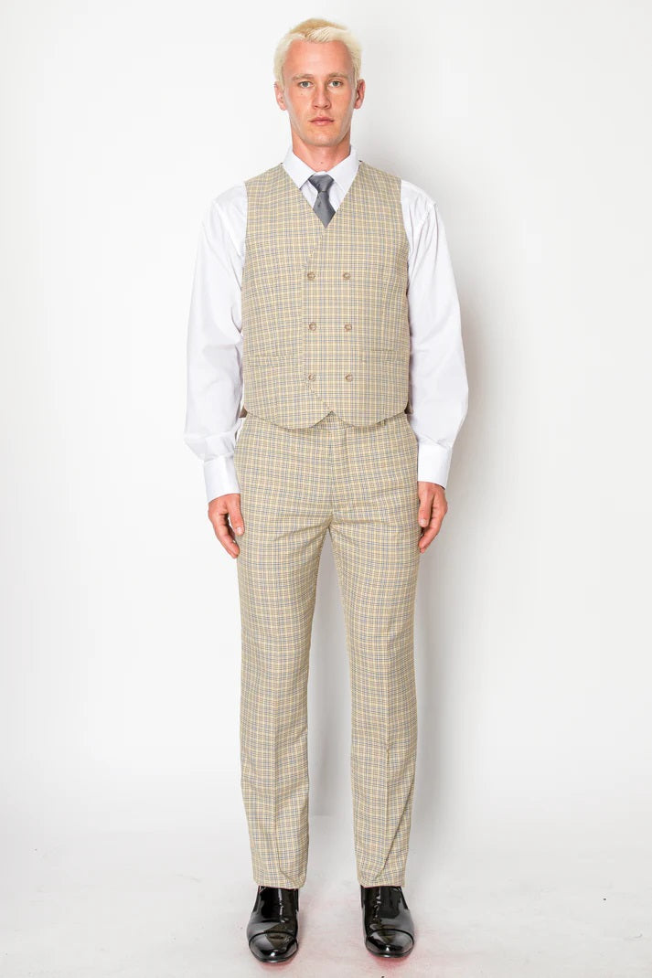 0511-BEIGE PLAID-SLIM FIT-3PC-SIZE 34S-46S & 34R 56R & 38L-56L