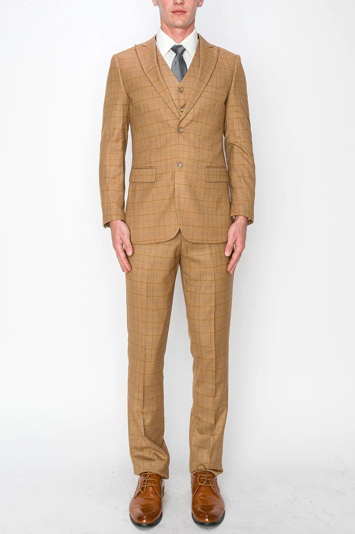 5021-KHAKI PLAID-SLIM FIT-3PC-SIZE 34S-46S & 34R-56R & 38L-56L