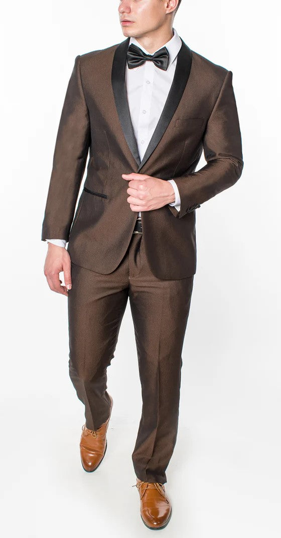 2645-SHINY BROWN-TUXEDO-SLIM FIT-3PC-SIZE 34S-46S & 34R-56R & 38L-56L