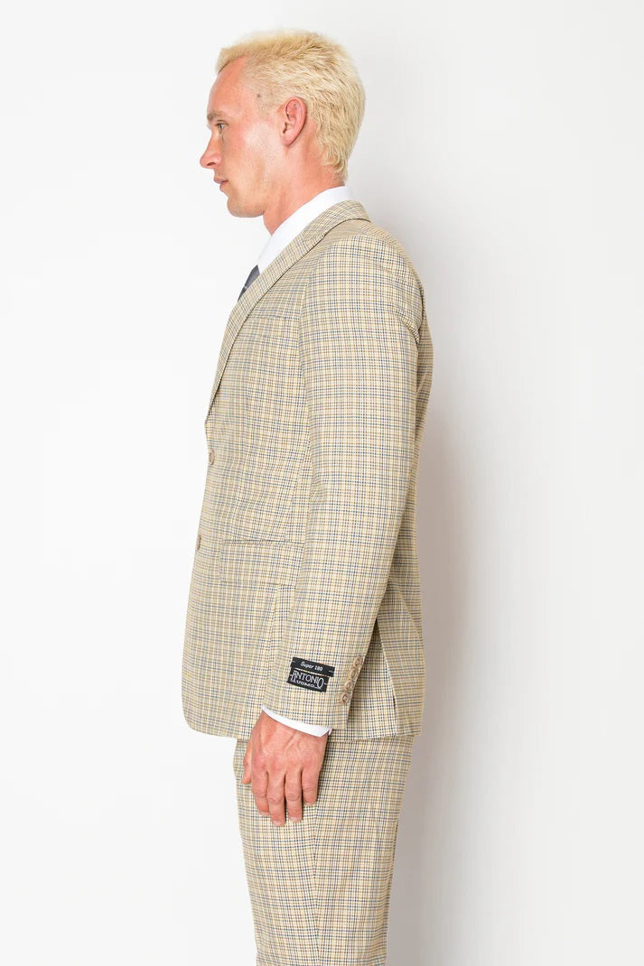 0511-BEIGE PLAID-SLIM FIT-3PC-SIZE 34S-46S & 34R 56R & 38L-56L