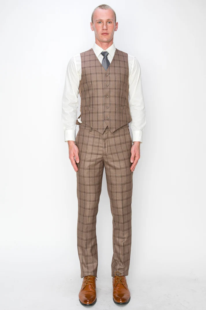 7271-BROWN PLAID-SLIM FIT-3PC-SIZE 34S-46S & 34R-56L & 38L-56L