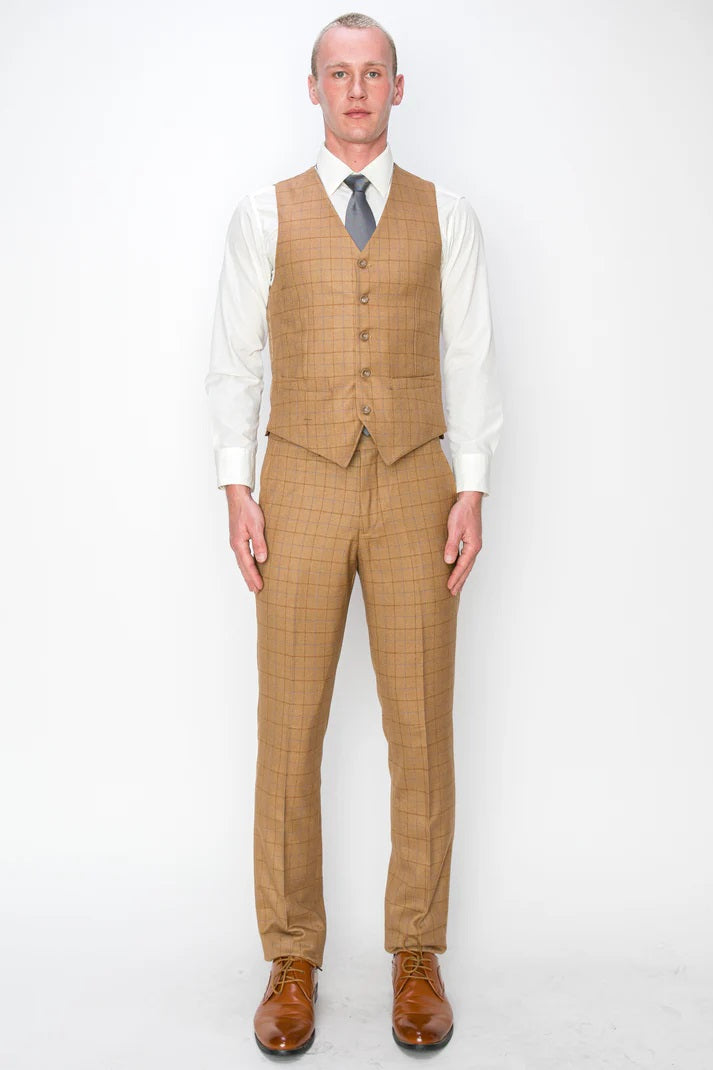 5021-KHAKI PLAID-SLIM FIT-3PC-SIZE 34S-46S & 34R-56R & 38L-56L