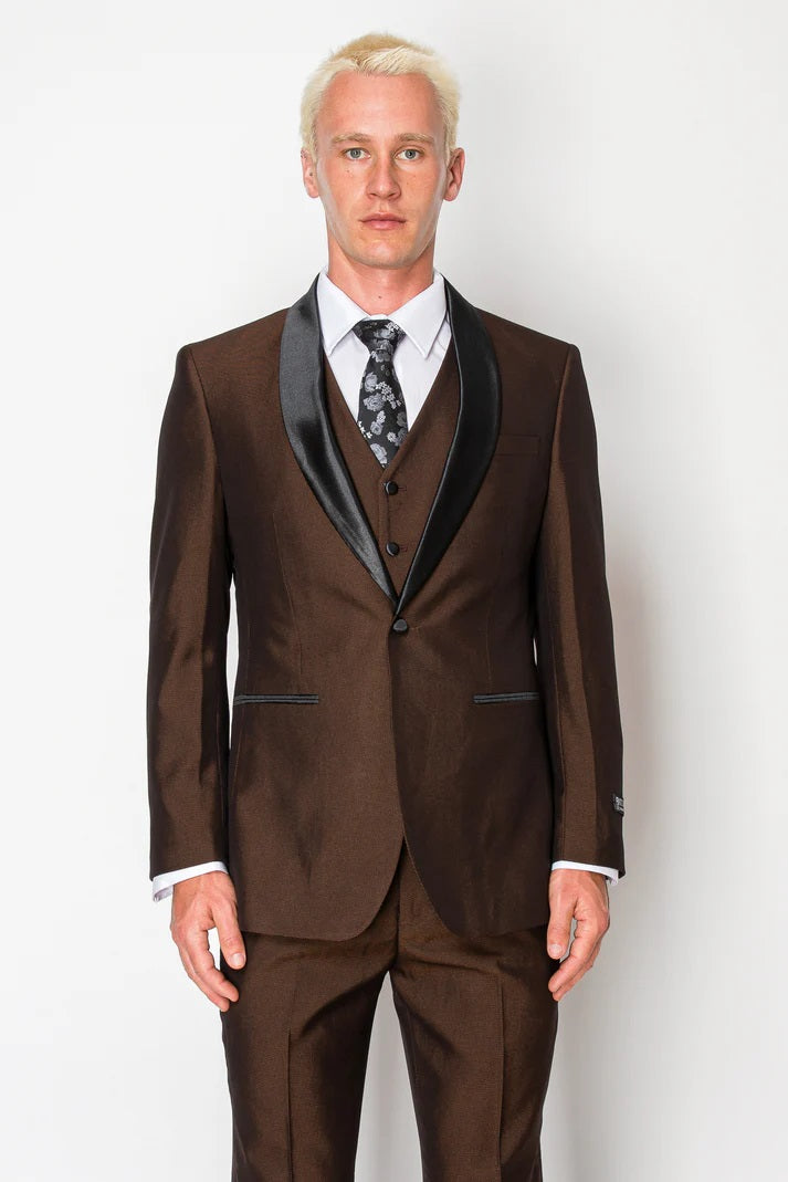 2645-SHINY BROWN-TUXEDO-SLIM FIT-3PC-SIZE 34S-46S & 34R-56R & 38L-56L