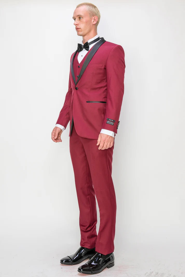 8745-BURGUNDY-TUXEDO-SLIM3PC-SIZE 34S-46S & 34R-56R & 38L-56L