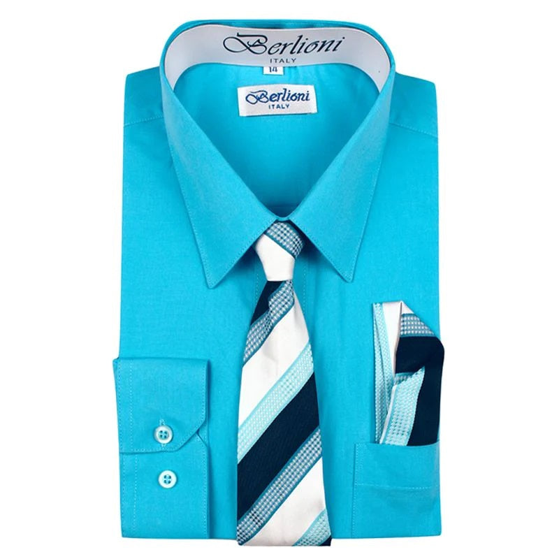 BL-BOYS SOLID DRESS FORMAL SHIRT WITH TIE AND P-SQ SET 8 COLORS (AQUA-BLACK-BLUSH-BURG-CORAL-GOLD-KHAKI-LEMON) SIZE 2-20