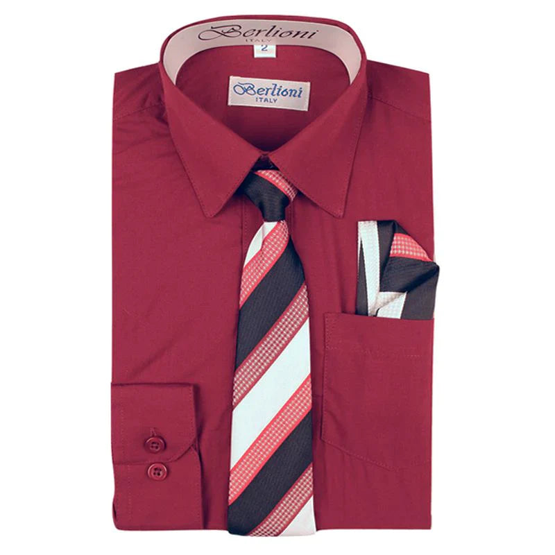 BL-BOYS SOLID DRESS FORMAL SHIRT WITH TIE AND P-SQ SET 8 COLORS (AQUA-BLACK-BLUSH-BURG-CORAL-GOLD-KHAKI-LEMON) SIZE 2-20