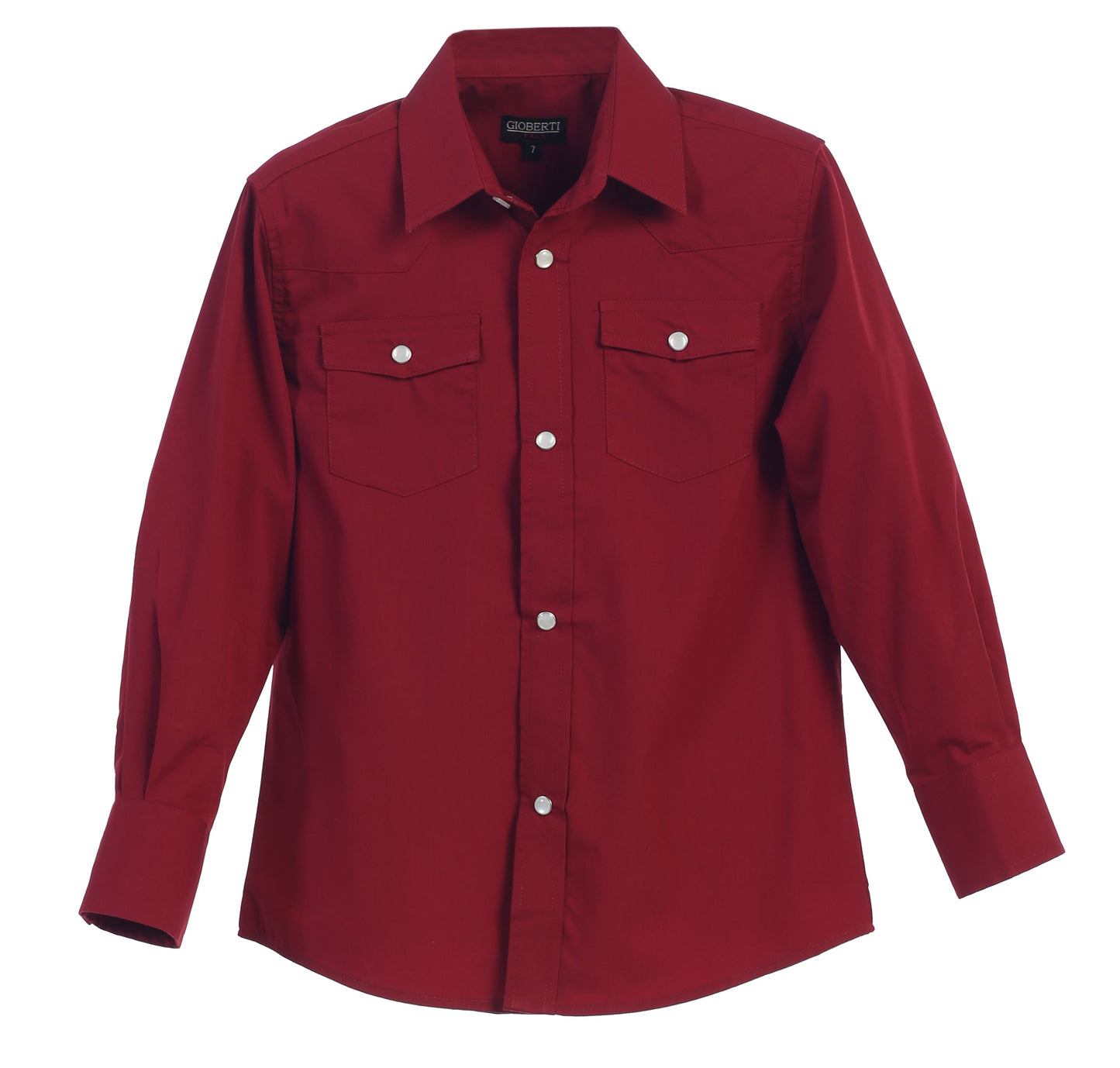 LS-85W-Boy's Casual Western Solid Long Sleeve Shirt with Pearl Snaps - 6 COLORS( RED-TURQ-BROWN-BURG-LIGHT BLUE-WHITE ) SIZE 4-18