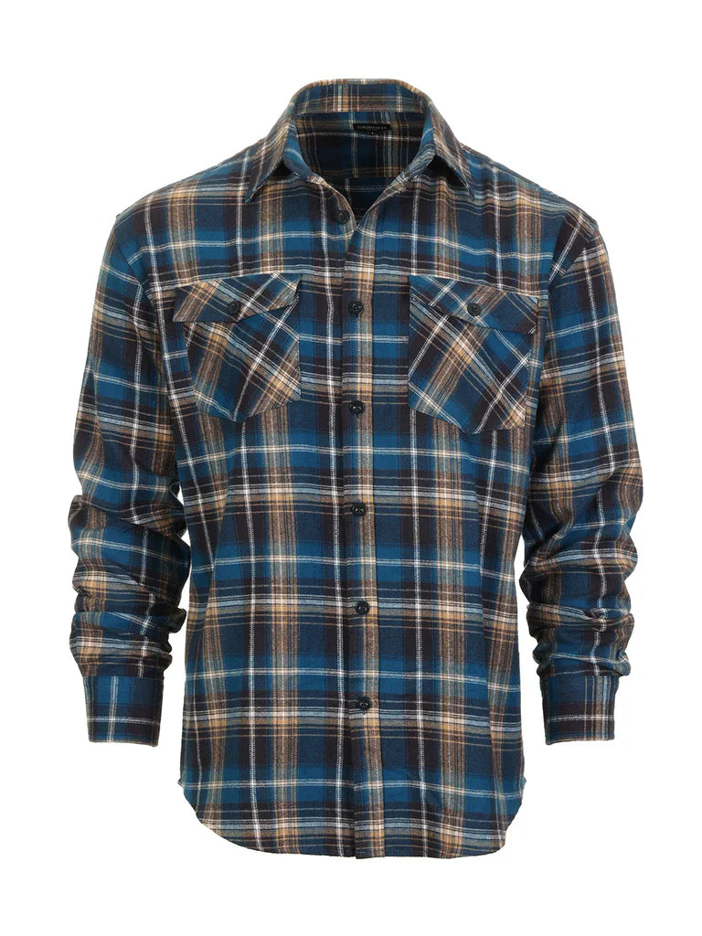 Men's Long Sleeve Plaid Flannel Shirt with pocket-B