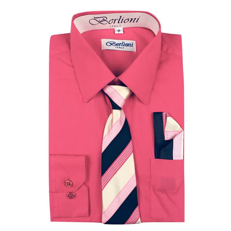 BL-BOYS SOLID DRESS FORMAL SHIRT WITH TIE AND P-SQ SET 8 COLORS (AQUA-BLACK-BLUSH-BURG-CORAL-GOLD-KHAKI-LEMON) SIZE 2-20