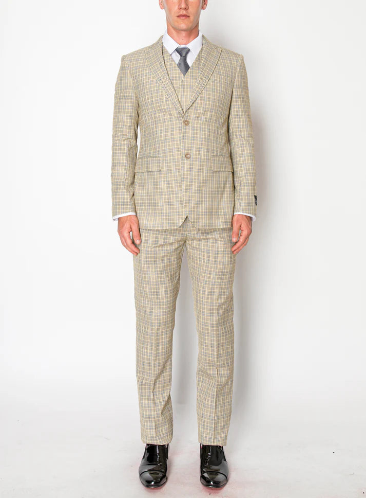 0511-BEIGE PLAID-SLIM FIT-3PC-SIZE 34S-46S & 34R 56R & 38L-56L