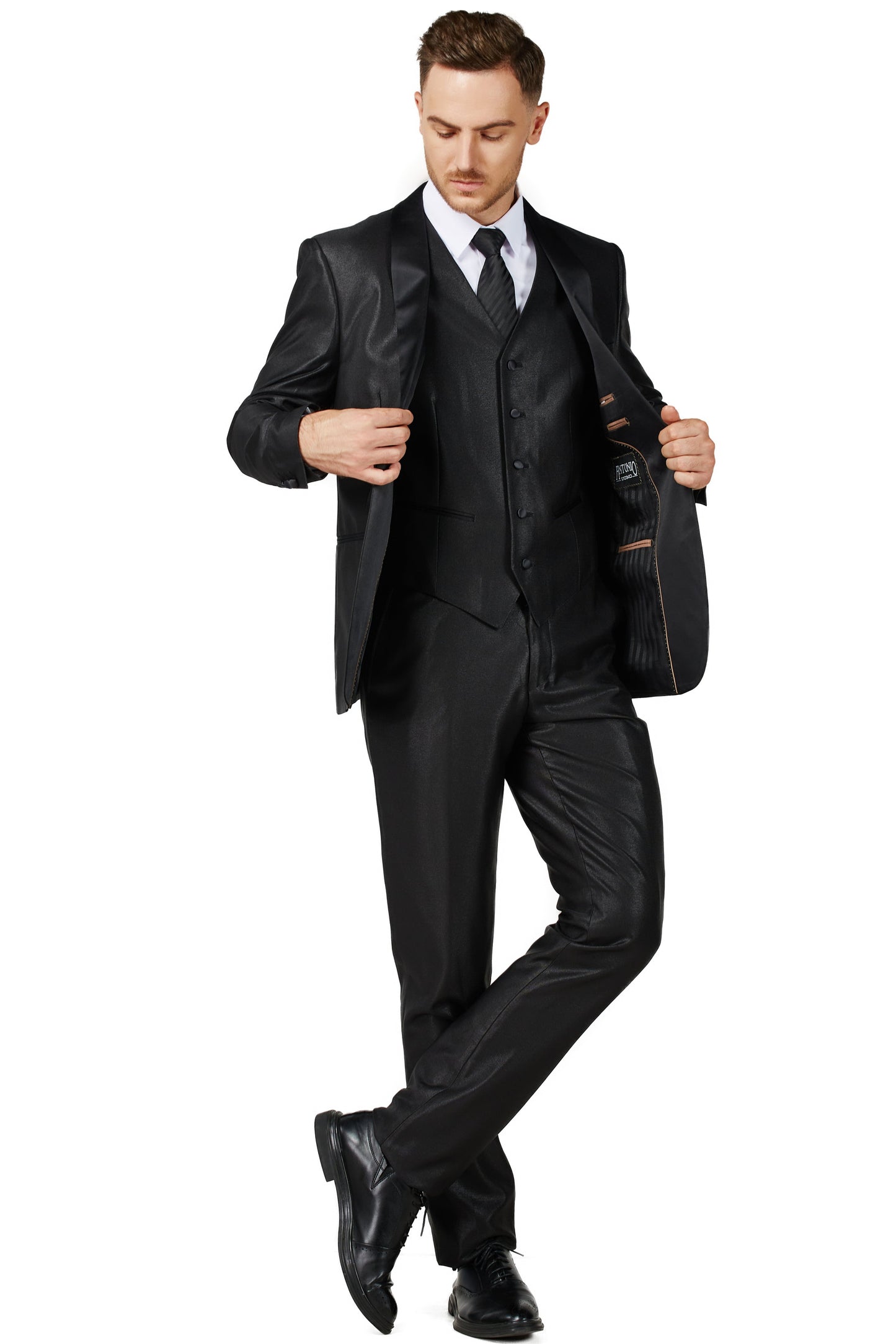 0408-Shiny Black-Tuxedo-Slim FiT-3PC-SIZE 34S-46S & 34R-56R & 38L-56L