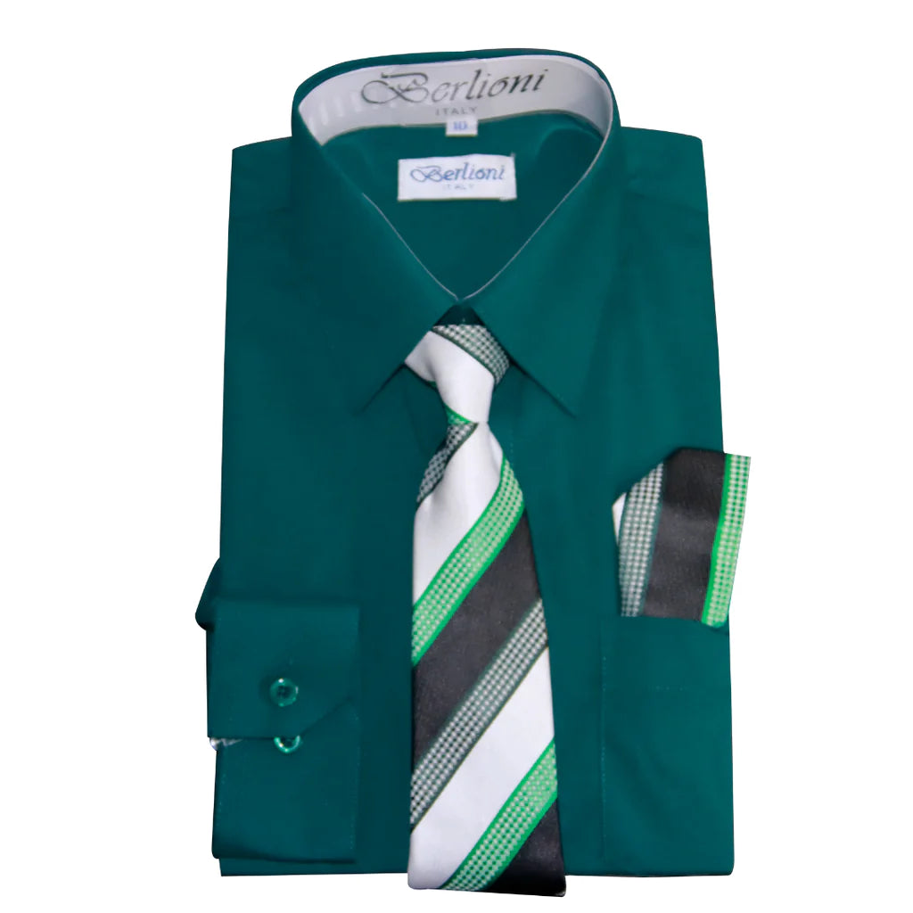 BL-BOYS SOLID DRESS FORMAL SHIRT WITH TIE AND P-SQ SET 8 COLORS (HUNTER GREEN-NEW AQUA-PURPLE-RED-TURQ-WHITE-R BLUE-LEMON) SIZE 2-20