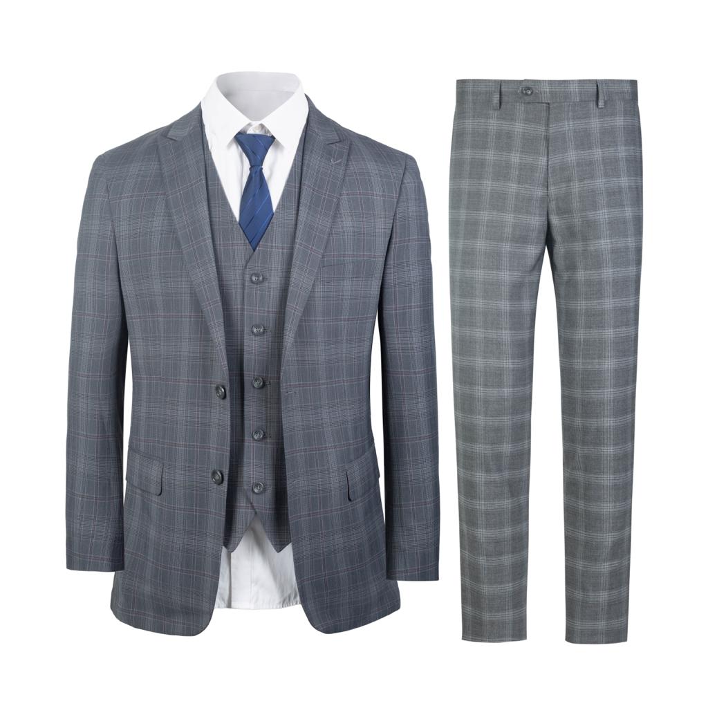 2306-GREY PLAID-SLIM FIT-3PC-SIZE 34S-46S & 34R-56R & 38L-56L