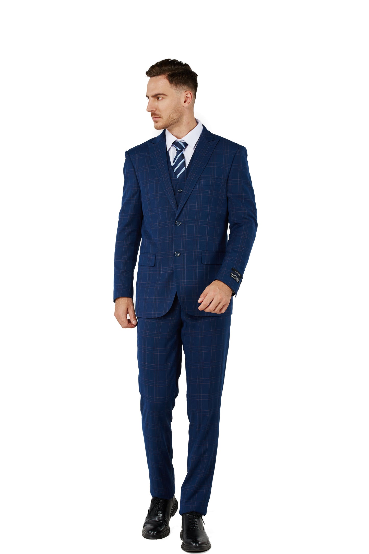 1502-Men's Blue Checker Notched Lapel Suit Slim Fit (3 PCS)