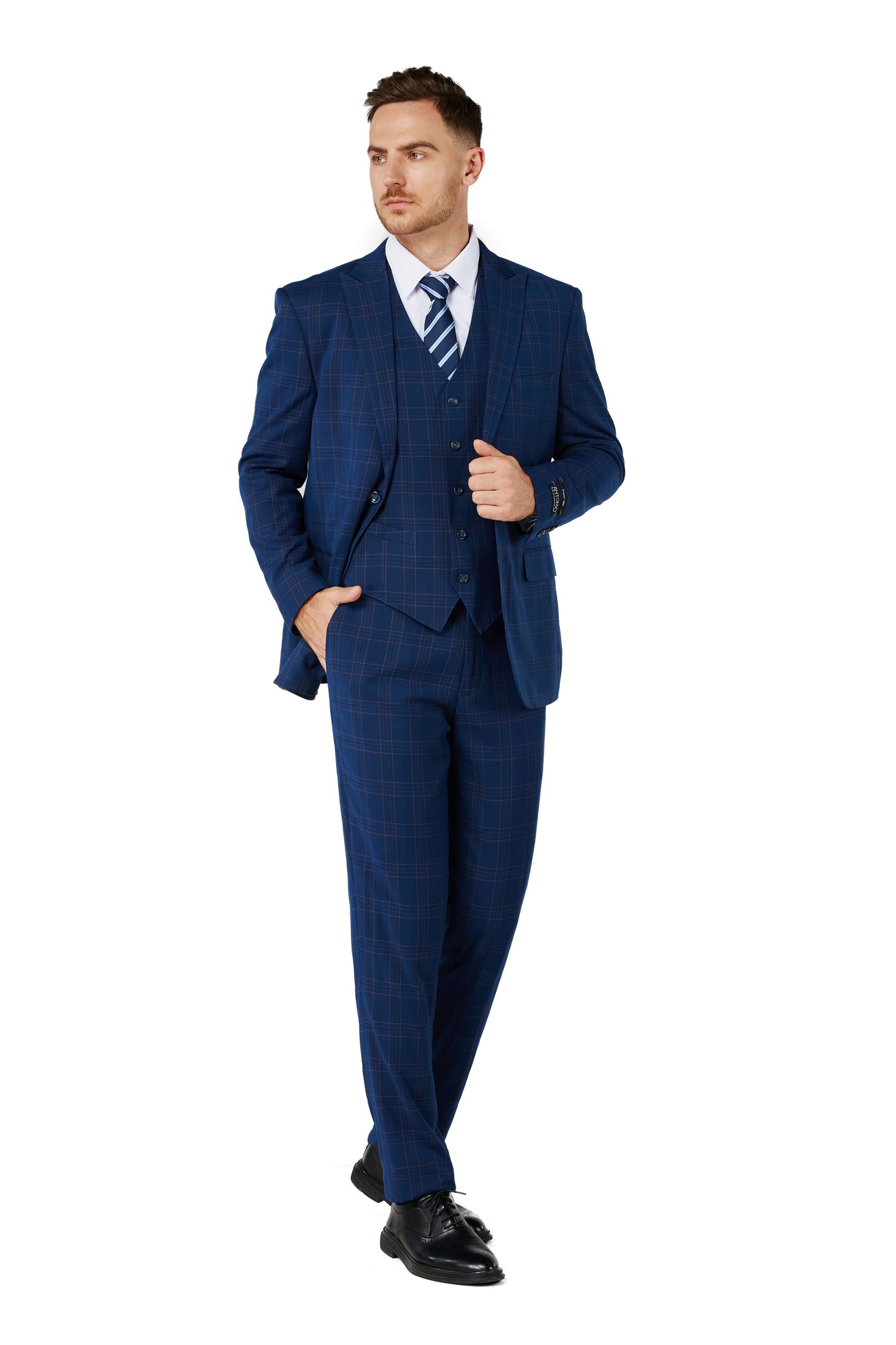 1502-Men's Blue Checker Notched Lapel Suit Slim Fit (3 PCS)