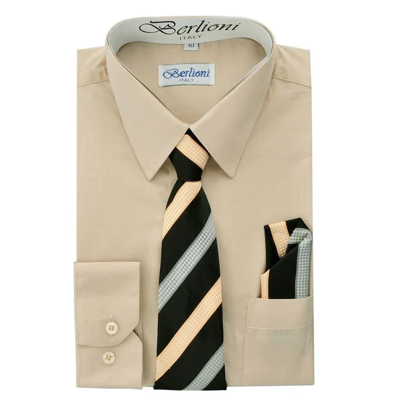 BL-BOYS SOLID DRESS FORMAL SHIRT WITH TIE AND P-SQ SET 8 COLORS (AQUA-BLACK-BLUSH-BURG-CORAL-GOLD-KHAKI-LEMON) SIZE 2-20