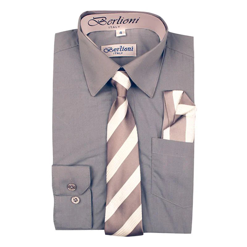 BL-BOYS SOLID DRESS FORMAL SHIRT WITH TIE AND P-SQ SET 9 COLORS (L GRAY-L BLUE-LILAC-LIME-NAVY-OFF WHITE-ORANGE-ORCHID-PINK) SIZE 2-20