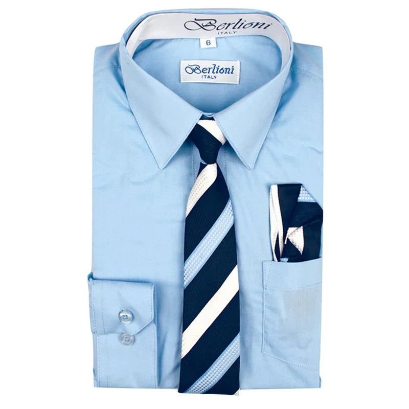 BL-BOYS SOLID DRESS FORMAL SHIRT WITH TIE AND P-SQ SET 9 COLORS (L GRAY-L BLUE-LILAC-LIME-NAVY-OFF WHITE-ORANGE-ORCHID-PINK) SIZE 2-20
