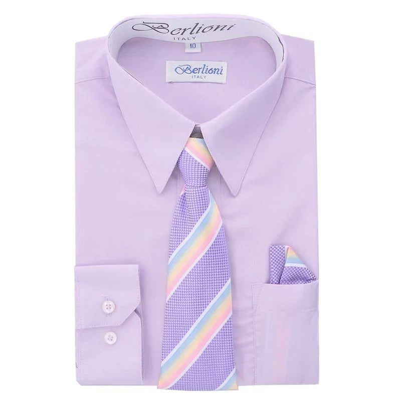 BL-BOYS SOLID DRESS FORMAL SHIRT WITH TIE AND P-SQ SET 9 COLORS (L GRAY-L BLUE-LILAC-LIME-NAVY-OFF WHITE-ORANGE-ORCHID-PINK) SIZE 2-20