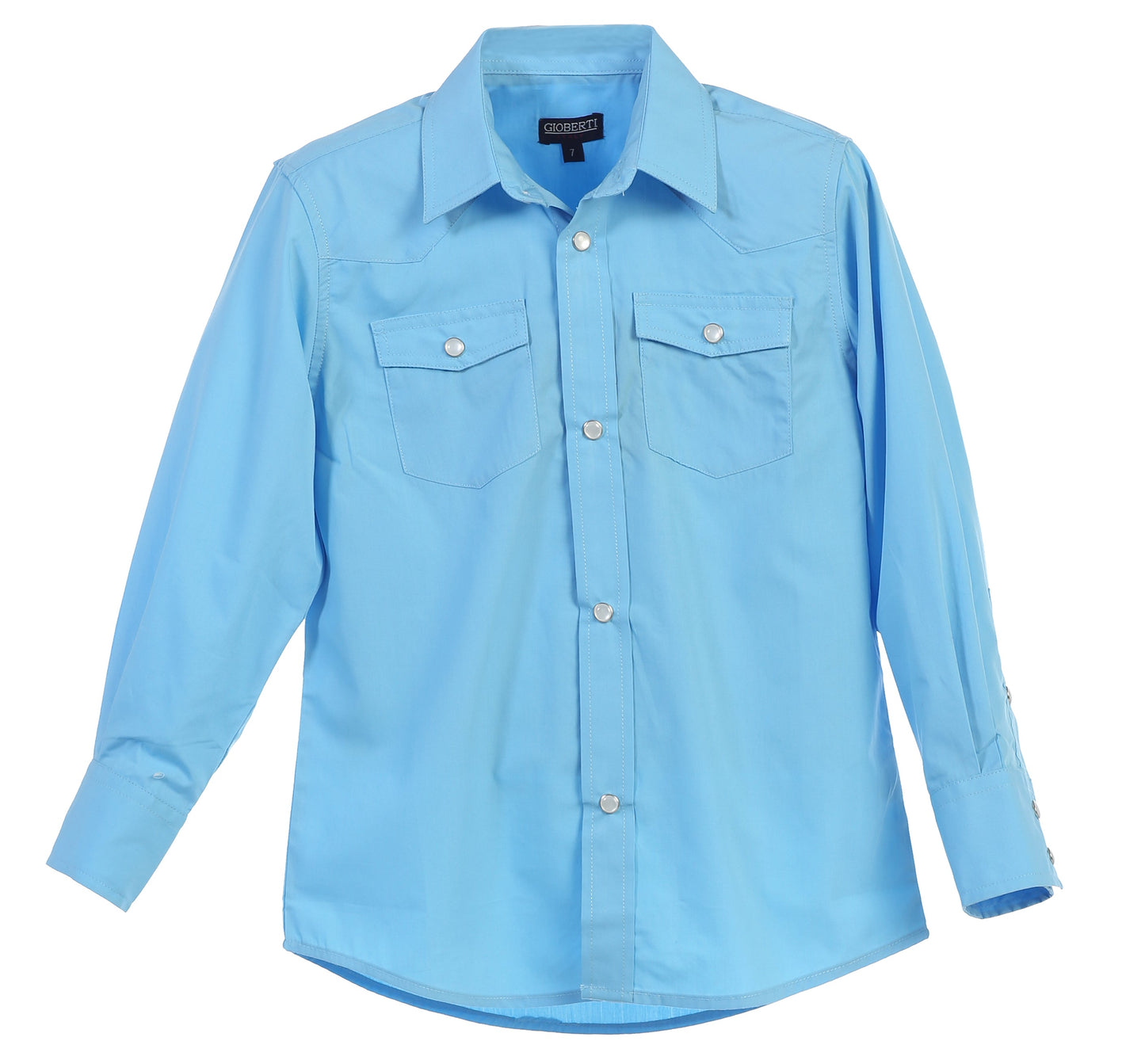 LS-85W-Boy's Casual Western Solid Long Sleeve Shirt with Pearl Snaps - 6 COLORS( RED-TURQ-BROWN-BURG-LIGHT BLUE-WHITE ) SIZE 4-18