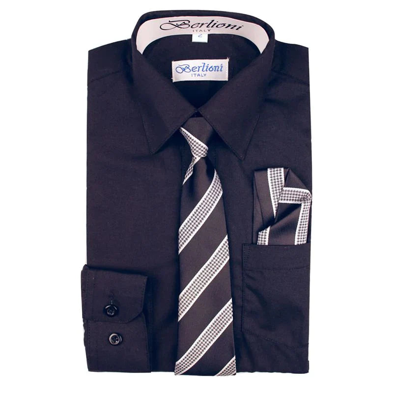 BL-BOYS SOLID DRESS FORMAL SHIRT WITH TIE AND P-SQ SET 9 COLORS (L GRAY-L BLUE-LILAC-LIME-NAVY-OFF WHITE-ORANGE-ORCHID-PINK) SIZE 2-20