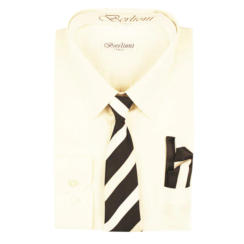 BL-BOYS SOLID DRESS FORMAL SHIRT WITH TIE AND P-SQ SET 9 COLORS (L GRAY-L BLUE-LILAC-LIME-NAVY-OFF WHITE-ORANGE-ORCHID-PINK) SIZE 2-20