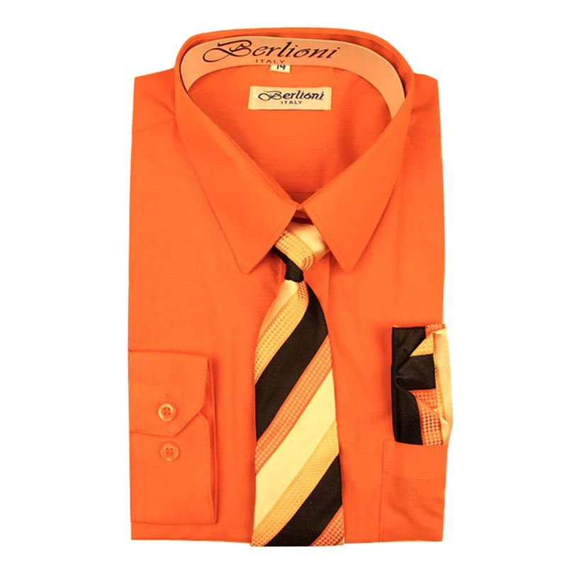 BL-BOYS SOLID DRESS FORMAL SHIRT WITH TIE AND P-SQ SET 9 COLORS (L GRAY-L BLUE-LILAC-LIME-NAVY-OFF WHITE-ORANGE-ORCHID-PINK) SIZE 2-20