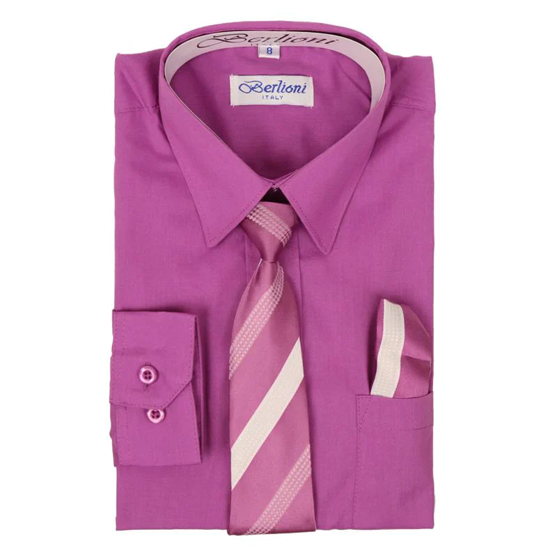 BL-BOYS SOLID DRESS FORMAL SHIRT WITH TIE AND P-SQ SET 9 COLORS (L GRAY-L BLUE-LILAC-LIME-NAVY-OFF WHITE-ORANGE-ORCHID-PINK) SIZE 2-20