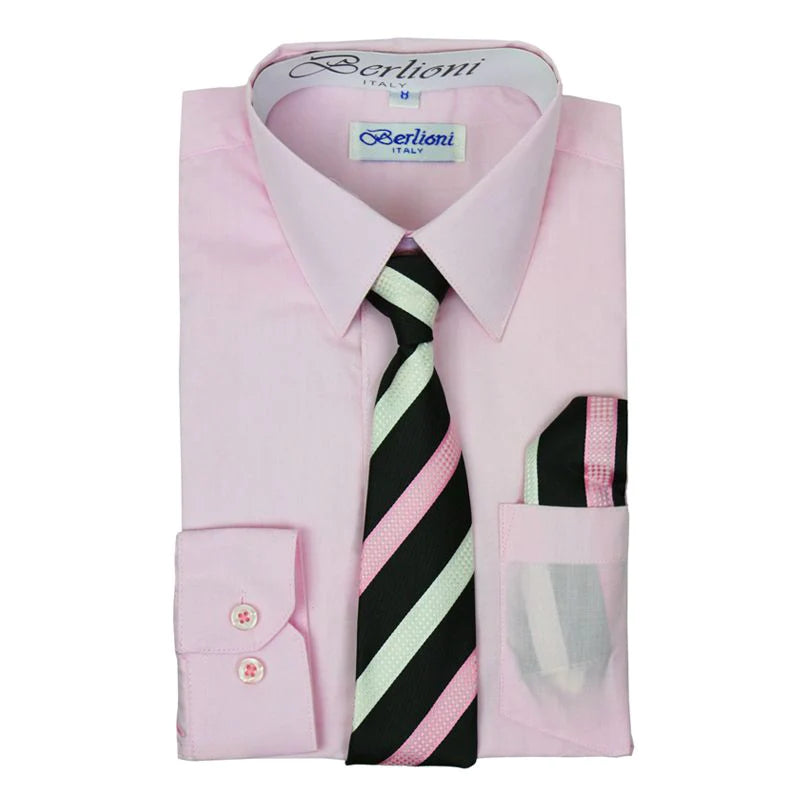 BL-BOYS SOLID DRESS FORMAL SHIRT WITH TIE AND P-SQ SET 9 COLORS (L GRAY-L BLUE-LILAC-LIME-NAVY-OFF WHITE-ORANGE-ORCHID-PINK) SIZE 2-20