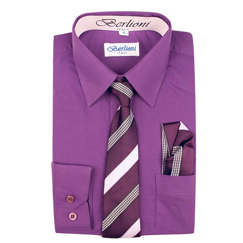 BL-BOYS SOLID DRESS FORMAL SHIRT WITH TIE AND P-SQ SET 8 COLORS (HUNTER GREEN-NEW AQUA-PURPLE-RED-TURQ-WHITE-R BLUE-LEMON) SIZE 2-20