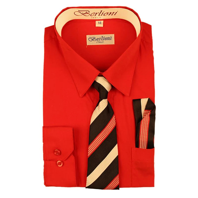BL-BOYS SOLID DRESS FORMAL SHIRT WITH TIE AND P-SQ SET 8 COLORS (HUNTER GREEN-NEW AQUA-PURPLE-RED-TURQ-WHITE-R BLUE-LEMON) SIZE 2-20