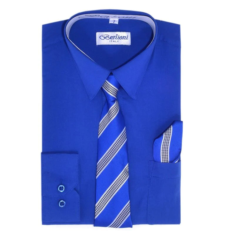 BL-BOYS SOLID DRESS FORMAL SHIRT WITH TIE AND P-SQ SET 8 COLORS (HUNTER GREEN-NEW AQUA-PURPLE-RED-TURQ-WHITE-R BLUE-LEMON) SIZE 2-20