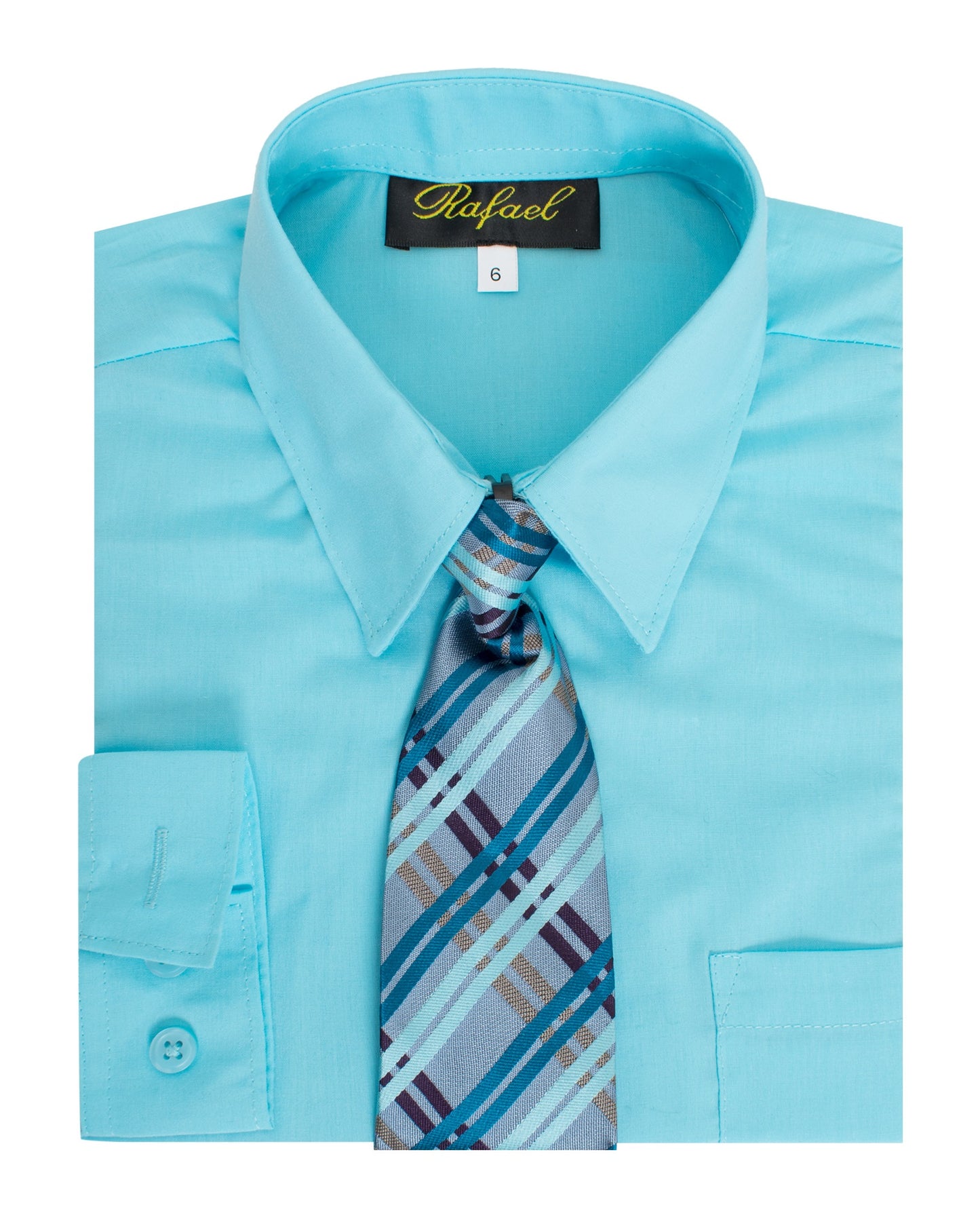 S-858 Boys formal dress shirt with striped tie IN 6 COLORS (BURGUNDY-LIGHT AQUA-SALMON-OLIVE-LIGHT YELLOW-ROYAL BLUE) SIZE 2-20