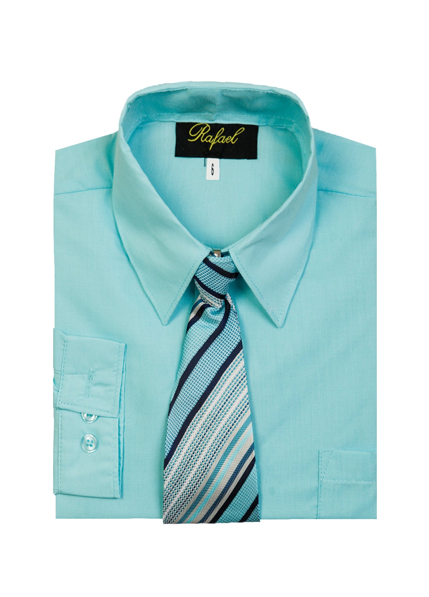 S-858 Boys formal dress shirt with striped tie IN 6 COLORS (BANANA-BLACK-FUCHSIA-AQUA-IVORY-PASTEL GREEN) SIZE 2-20