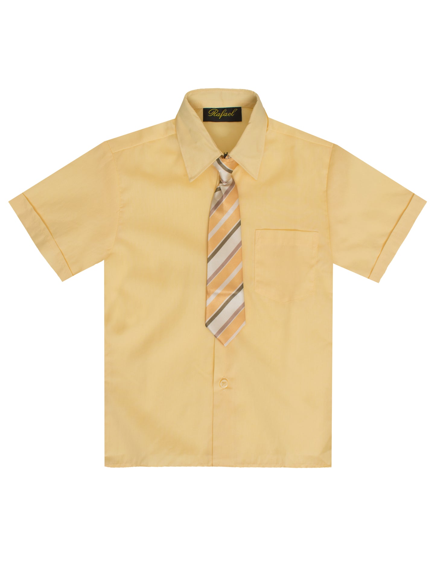 S-889 BOYS FORMAL SHORT SLEEVE DRESS SHIRT WITH STRIPED TIE 7 COLORS (BANANA-LIME-RED-SILVER-L BLUE-TURQ-WHITE) SIZE 2-20
