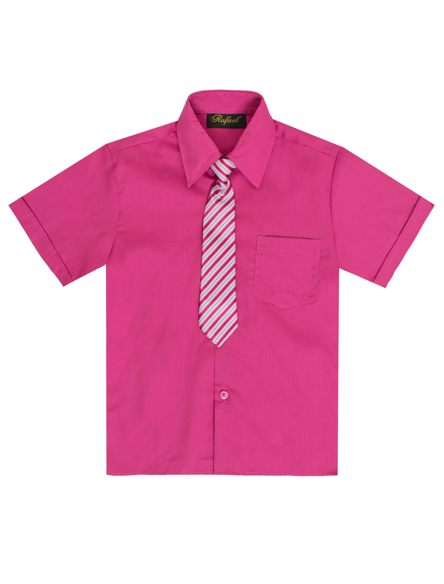 S-889 BOYS FORMAL SHORT SLEEVE DRESS SHIRT WITH STRIPED TIE 7 COLORS (IVORY-PUMPKIN-AQUA-PURPLE-VIVID BLUE-BLACK-FUSCHIA) SIZE 2-20
