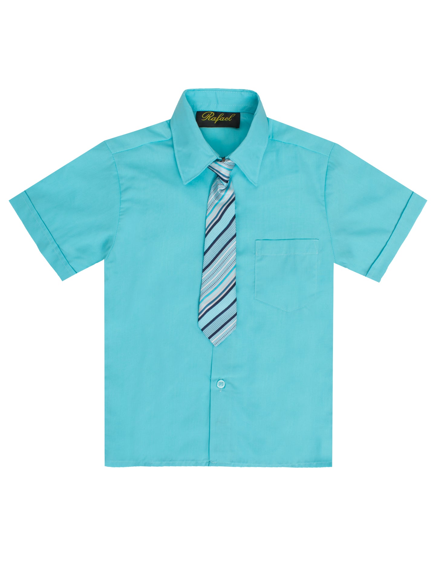S-889 BOYS FORMAL SHORT SLEEVE DRESS SHIRT WITH STRIPED TIE 7 COLORS (IVORY-PUMPKIN-AQUA-PURPLE-VIVID BLUE-BLACK-FUSCHIA) SIZE 2-20