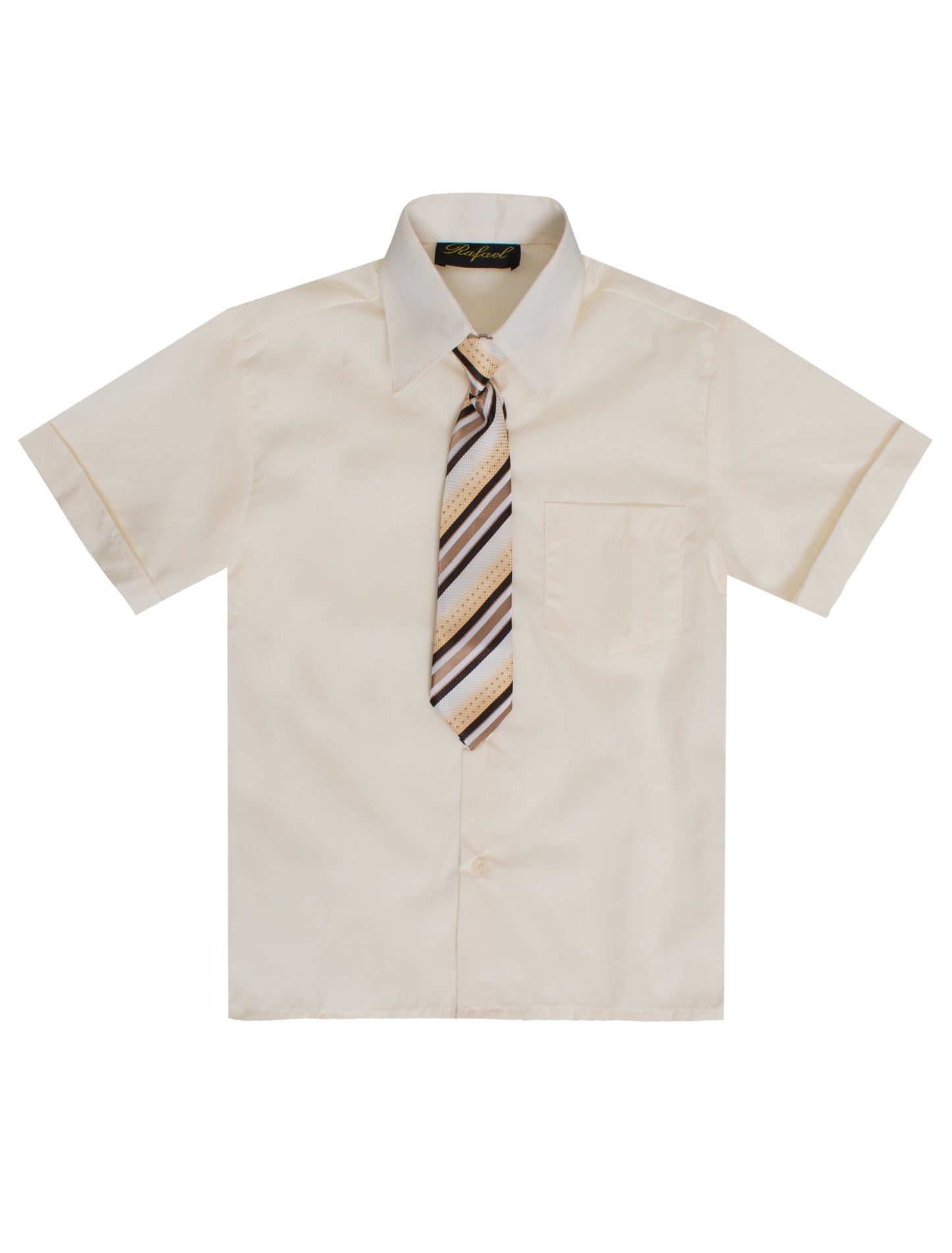 S-889 BOYS FORMAL SHORT SLEEVE DRESS SHIRT WITH STRIPED TIE 7 COLORS (IVORY-PUMPKIN-AQUA-PURPLE-VIVID BLUE-BLACK-FUSCHIA) SIZE 2-20