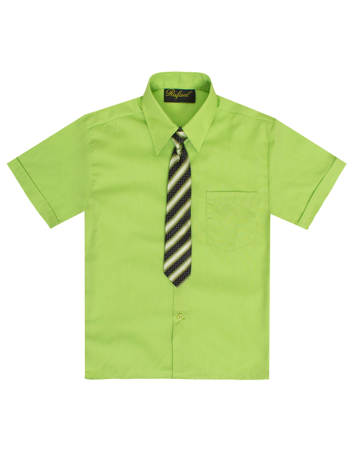 S-889 BOYS FORMAL SHORT SLEEVE DRESS SHIRT WITH STRIPED TIE 7 COLORS (BANANA-LIME-RED-SILVER-L BLUE-TURQ-WHITE) SIZE 2-20