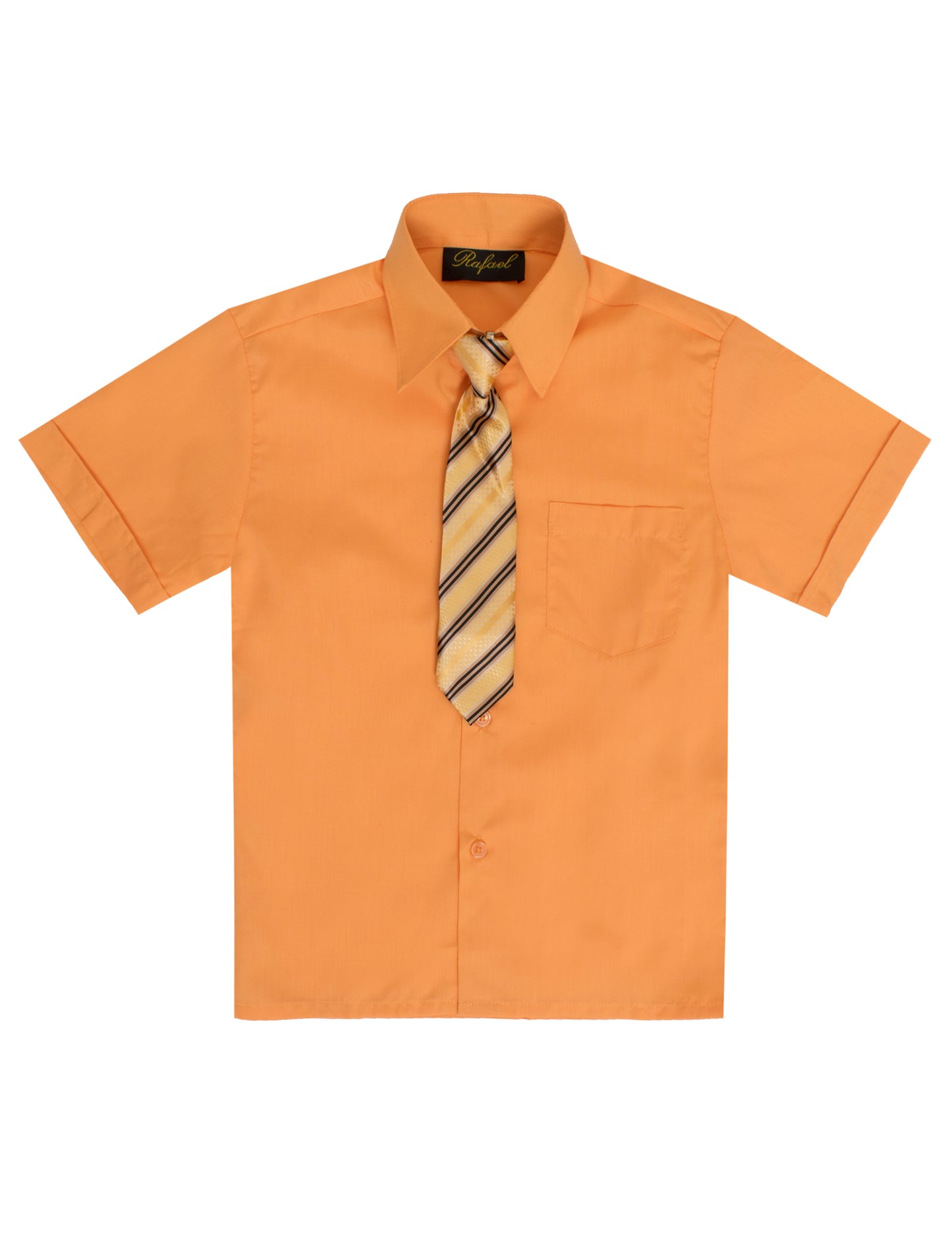 S-889 BOYS FORMAL SHORT SLEEVE DRESS SHIRT WITH STRIPED TIE 7 COLORS (IVORY-PUMPKIN-AQUA-PURPLE-VIVID BLUE-BLACK-FUSCHIA) SIZE 2-20