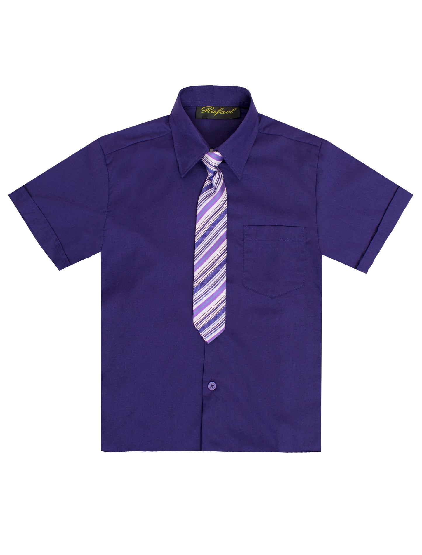 S-889 BOYS FORMAL SHORT SLEEVE DRESS SHIRT WITH STRIPED TIE 7 COLORS (IVORY-PUMPKIN-AQUA-PURPLE-VIVID BLUE-BLACK-FUSCHIA) SIZE 2-20