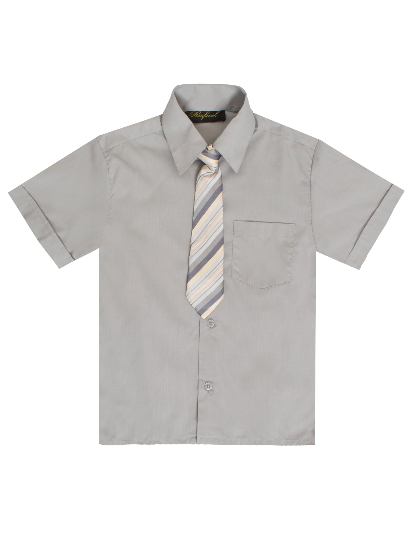 S-889 BOYS FORMAL SHORT SLEEVE DRESS SHIRT WITH STRIPED TIE 7 COLORS (BANANA-LIME-RED-SILVER-L BLUE-TURQ-WHITE) SIZE 2-20