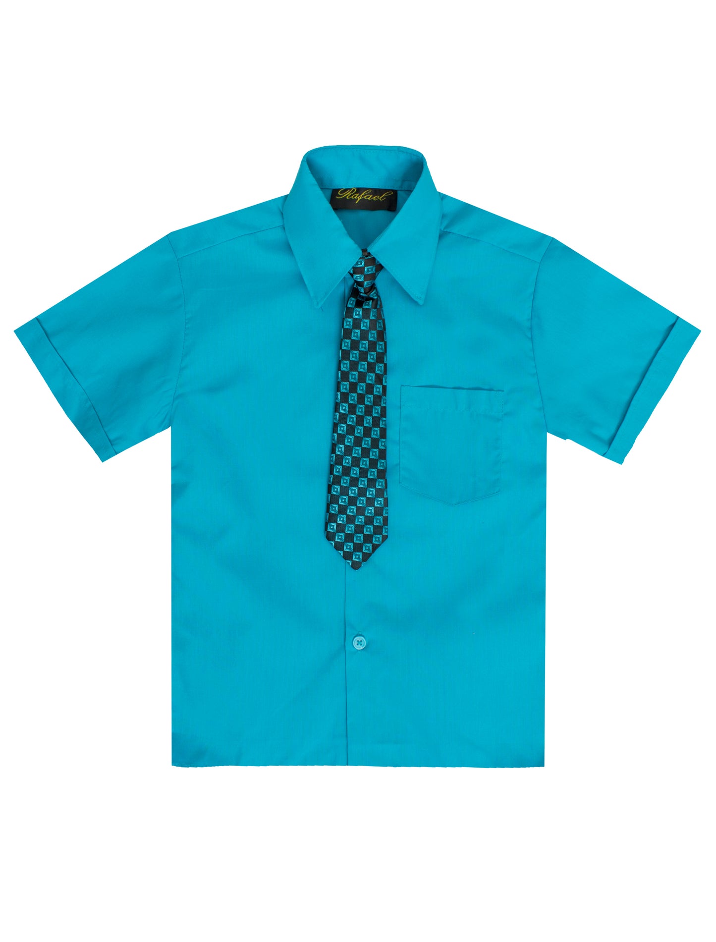 S-889 BOYS FORMAL SHORT SLEEVE DRESS SHIRT WITH STRIPED TIE 7 COLORS (BANANA-LIME-RED-SILVER-L BLUE-TURQ-WHITE) SIZE 2-20