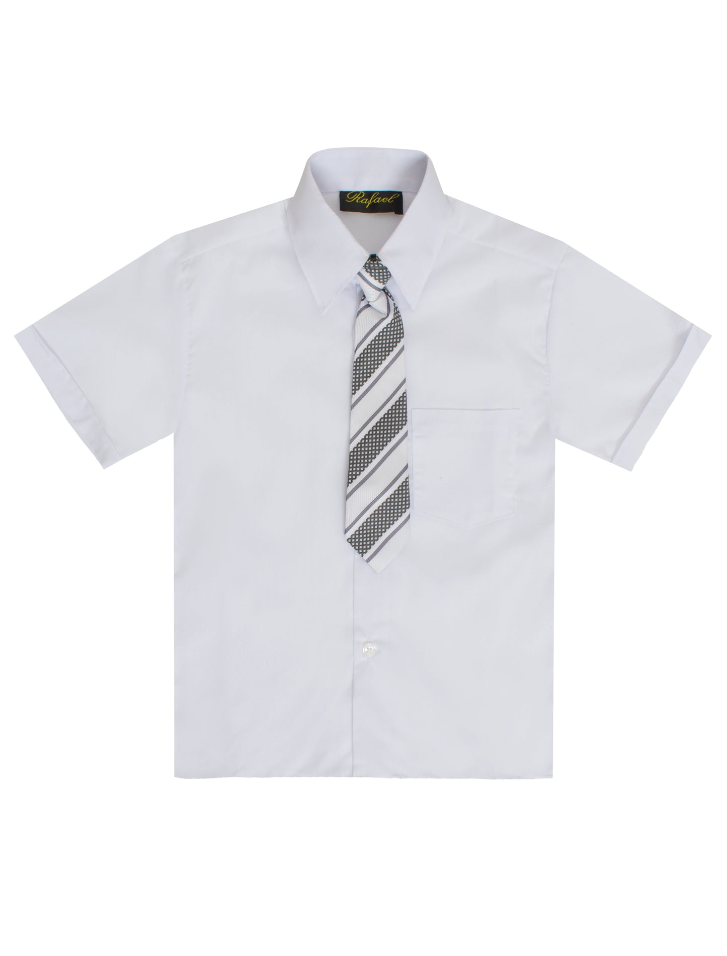 S-889 BOYS FORMAL SHORT SLEEVE DRESS SHIRT WITH STRIPED TIE 7 COLORS (BANANA-LIME-RED-SILVER-L BLUE-TURQ-WHITE) SIZE 2-20